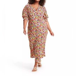 RIXO Abstract Floral Puff Sleeve Dress